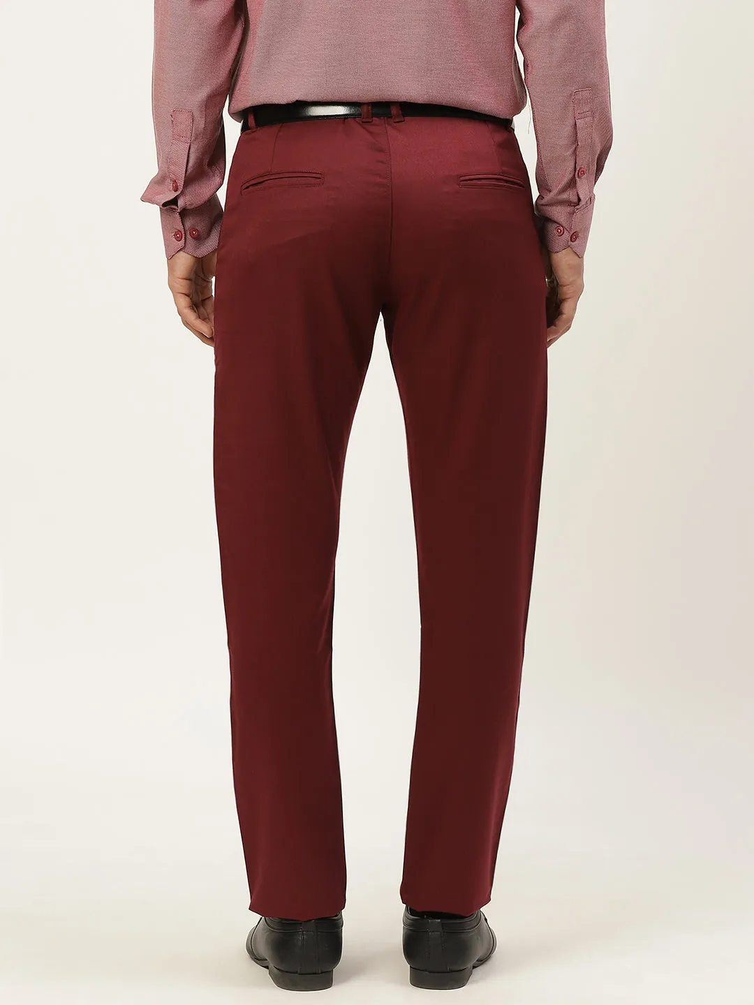 Men's Cotton Blend Burgundy Solid Formal Trousers - Sojanya