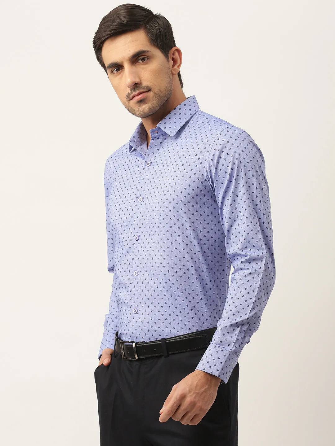 Mens Cotton Blue & Black Printed Formal Shirt - Sojanya