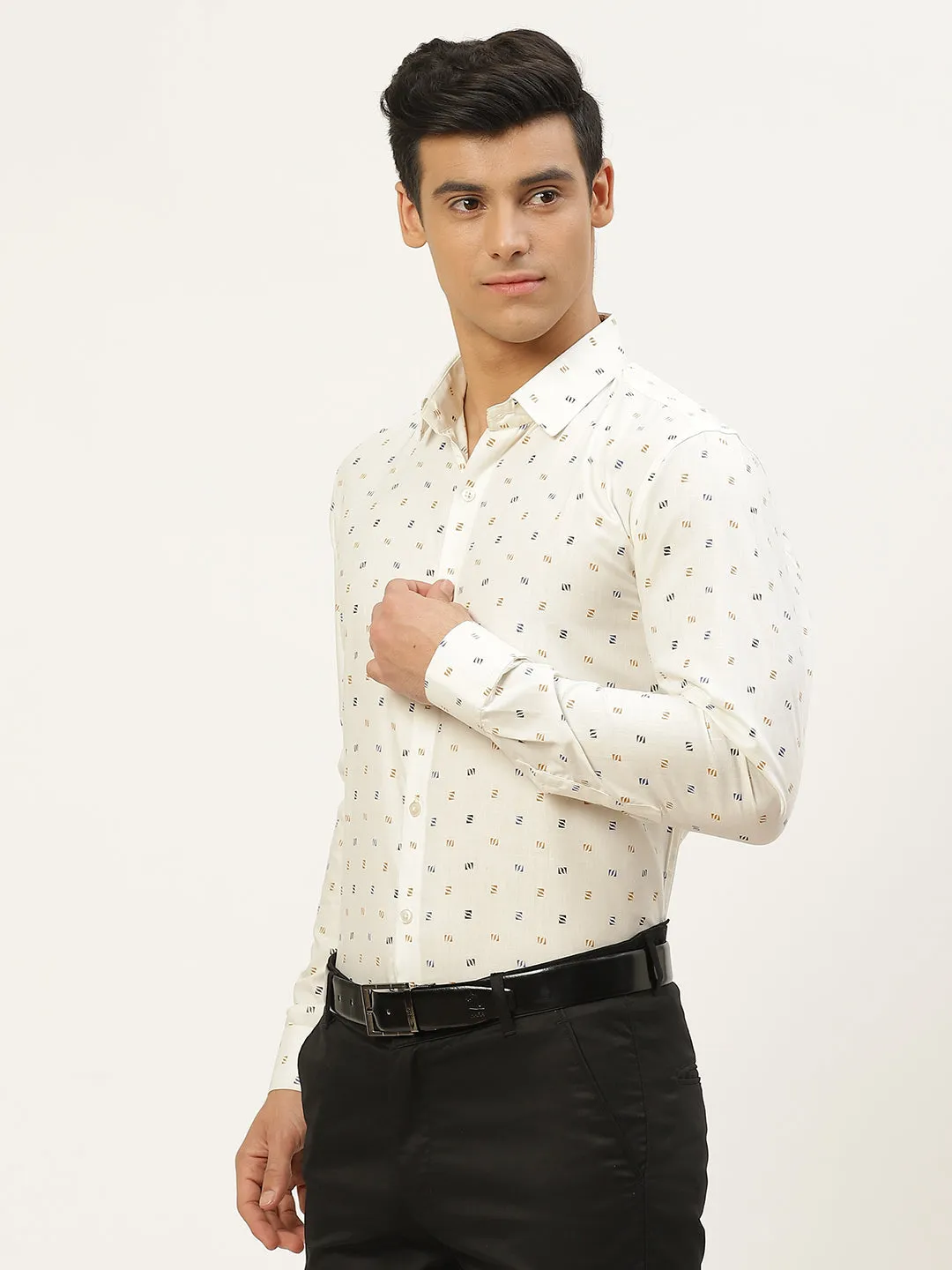 Mens Cotton Cream & Multi Printed Formal Shirt - Sojanya