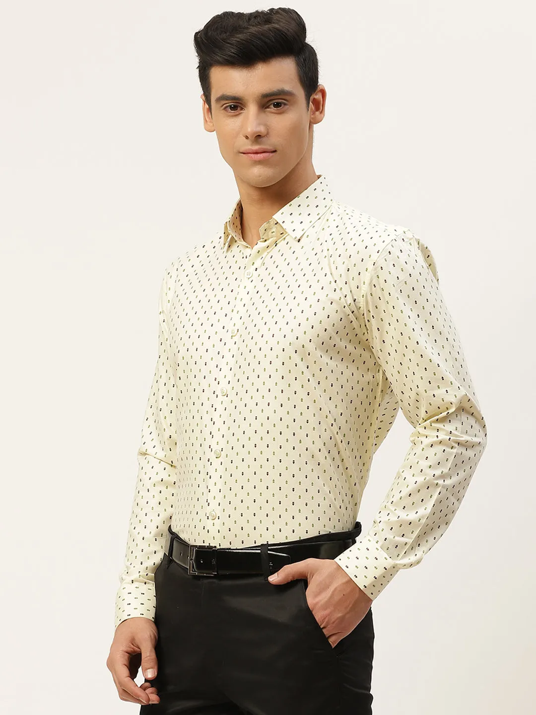 Mens Cotton Lemonyellow & Multi Printed Formal Shirt - Sojanya