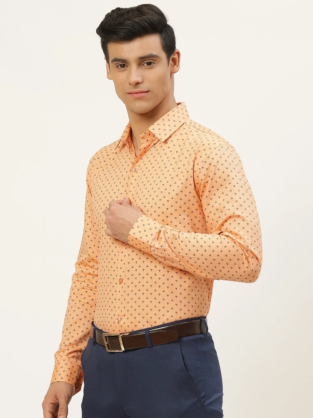 Mens Cotton Peach & Black Printed Formal Shirt - Sojanya