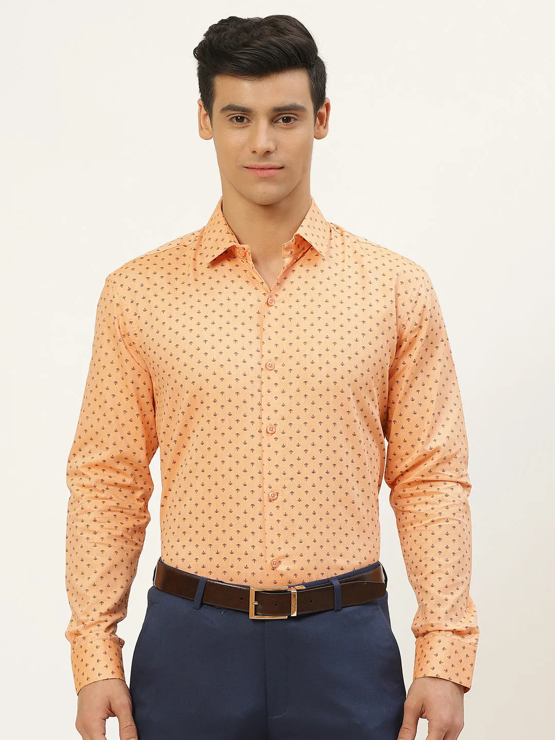 Mens Cotton Peach & Black Printed Formal Shirt - Sojanya