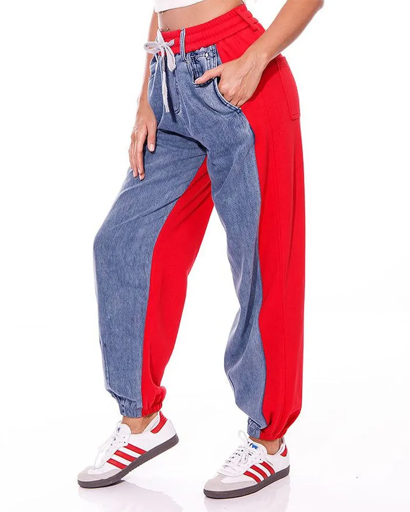 Mid-Rise Adjustable Drawstring Paneled Track Sports Casual Trousers (Pre-sale)