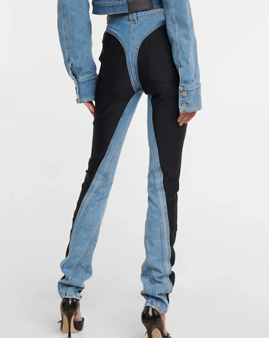 Mid-Rise Contrast Paneled Washed Light Skinny Jeans