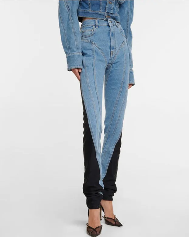 Mid-Rise Contrast Paneled Washed Light Skinny Jeans