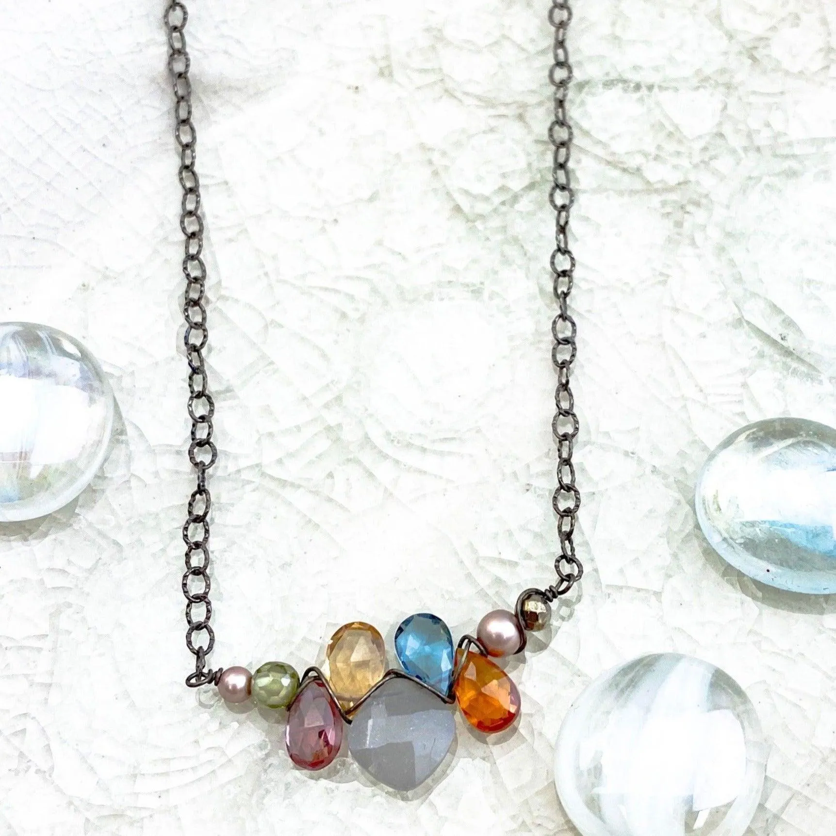 Mini Katie PopArt Oxidized Silver Colorful Gem Necklace