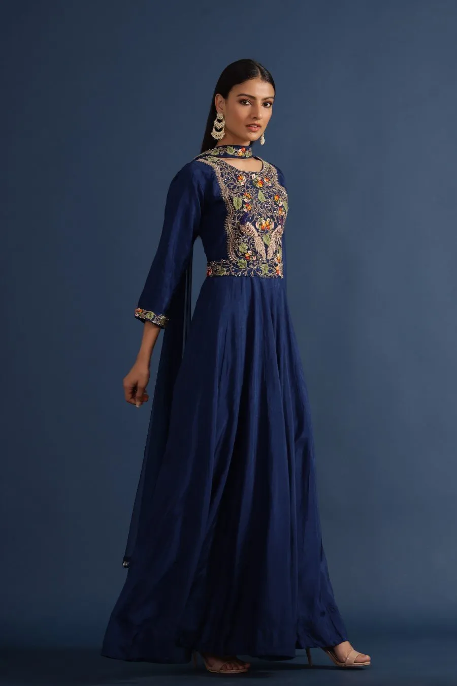 Navy Blue Kashmiri Silk Embroidered Anarkali with Dupatta