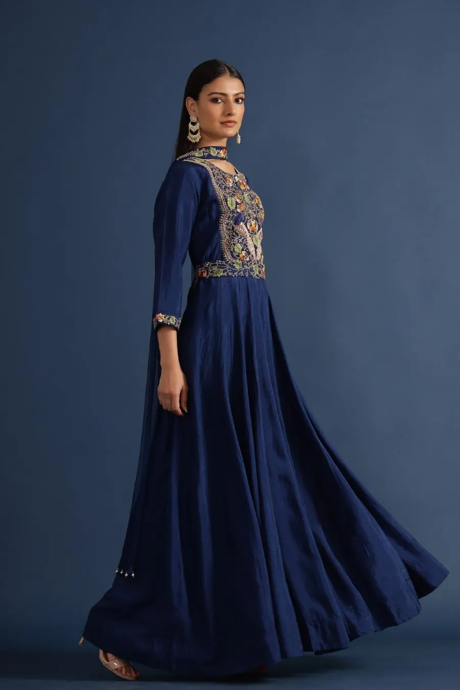 Navy Blue Kashmiri Silk Embroidered Anarkali with Dupatta