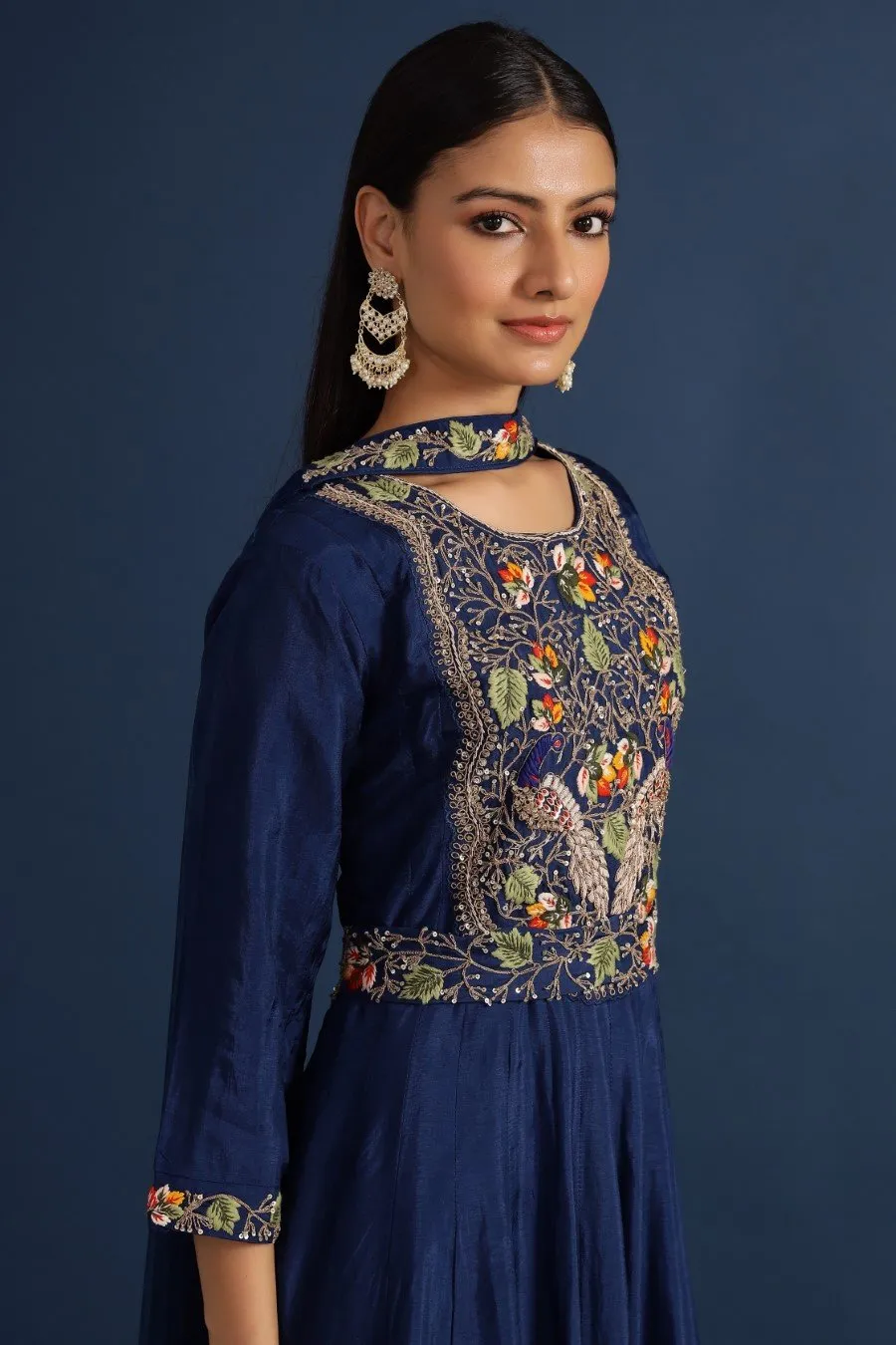 Navy Blue Kashmiri Silk Embroidered Anarkali with Dupatta