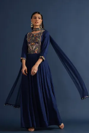 Navy Blue Kashmiri Silk Embroidered Anarkali with Dupatta