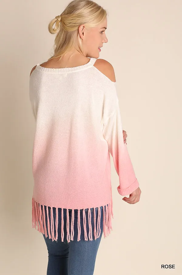 Ombre Cold Shoulder Fringe Sweater, Rose