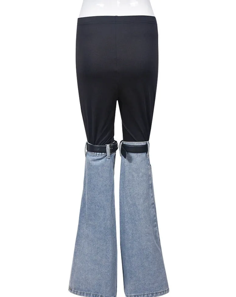 Paneled Elastic Waist Slim Fit Flared Jeans