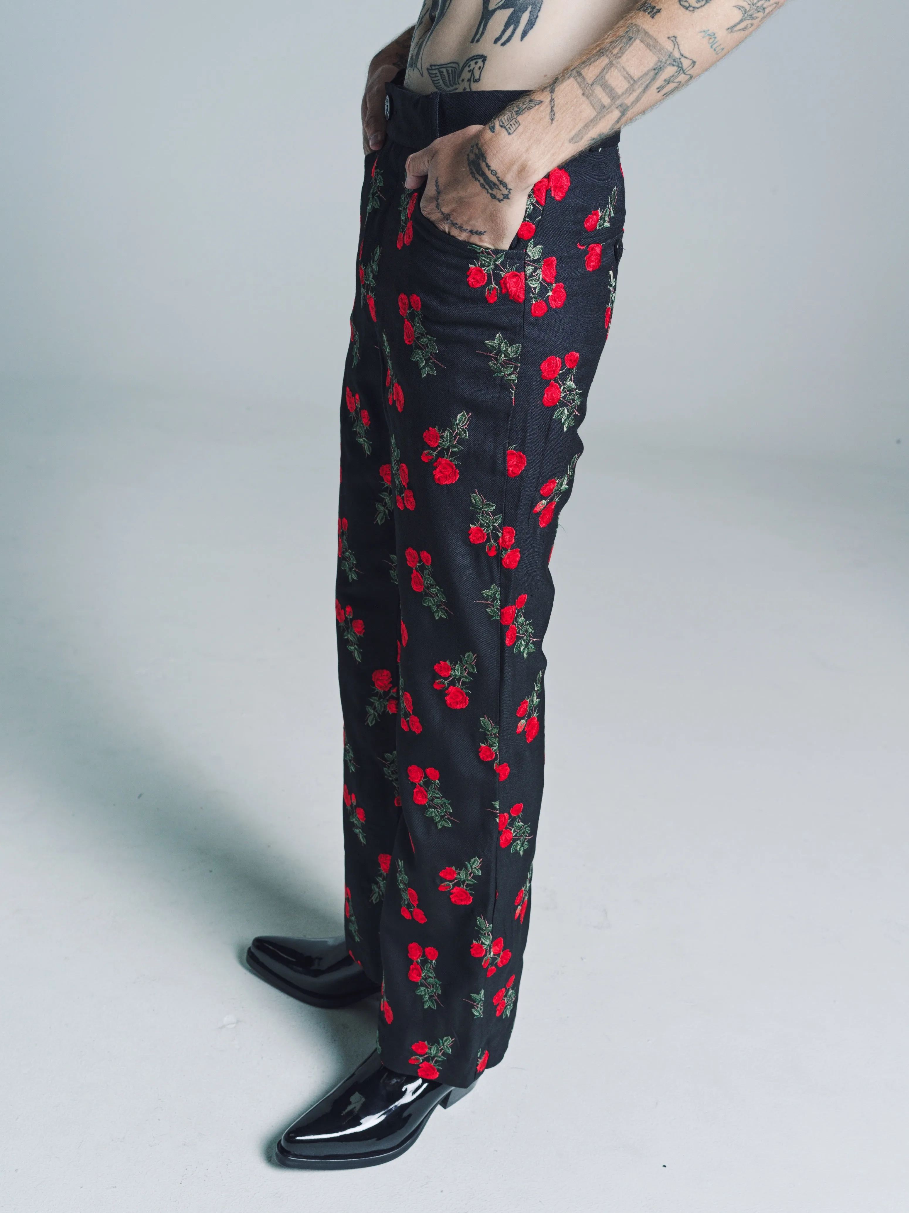 Rose Embroidered Wool Flare Trousers