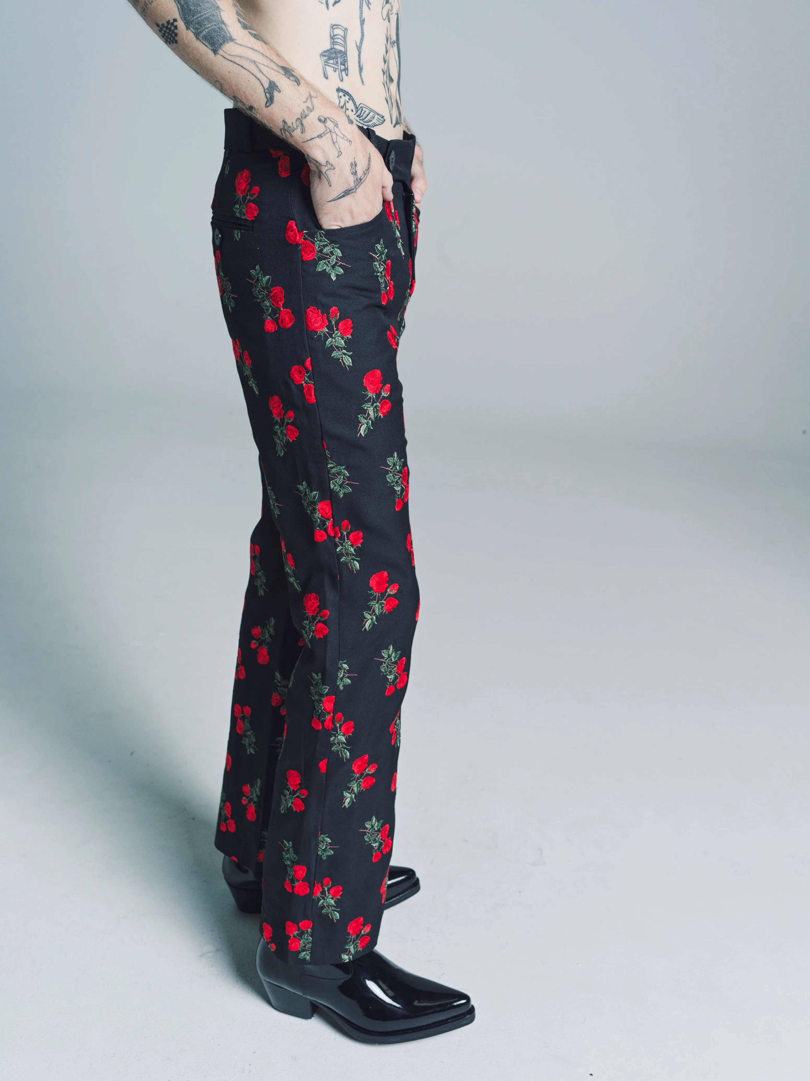 Rose Embroidered Wool Flare Trousers