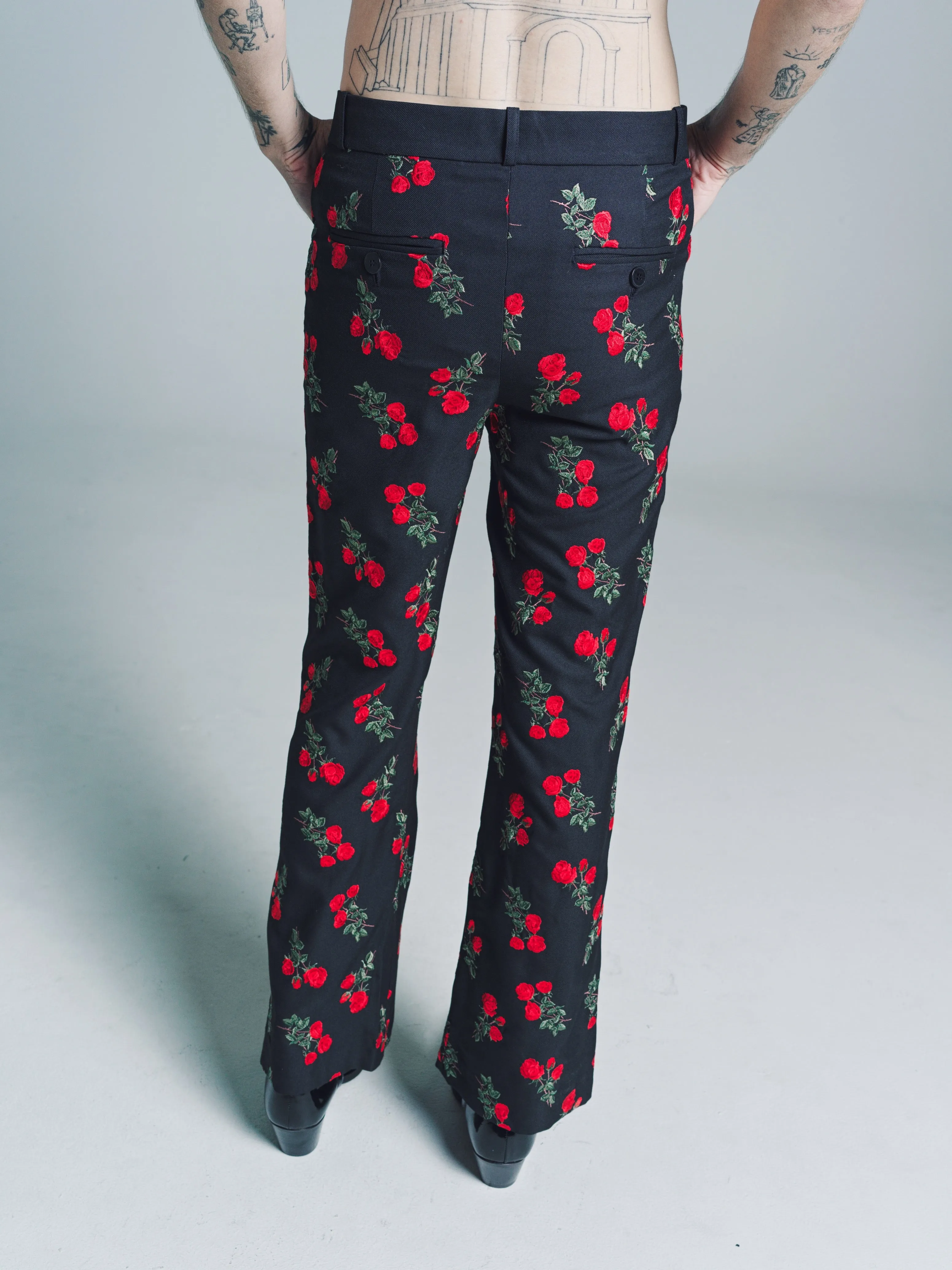 Rose Embroidered Wool Flare Trousers