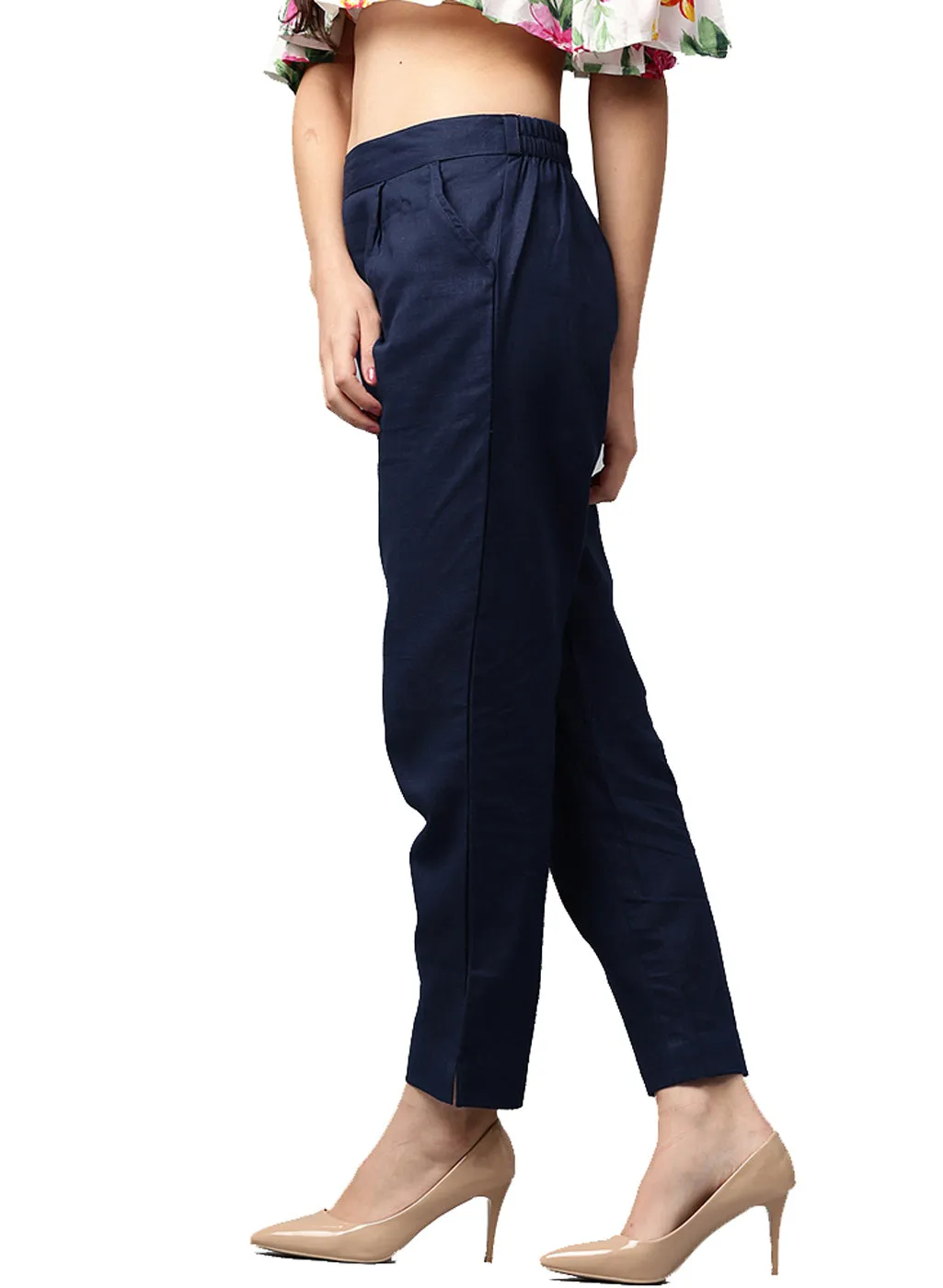 Royal Blue Solid Cotton Slub Straight Pants