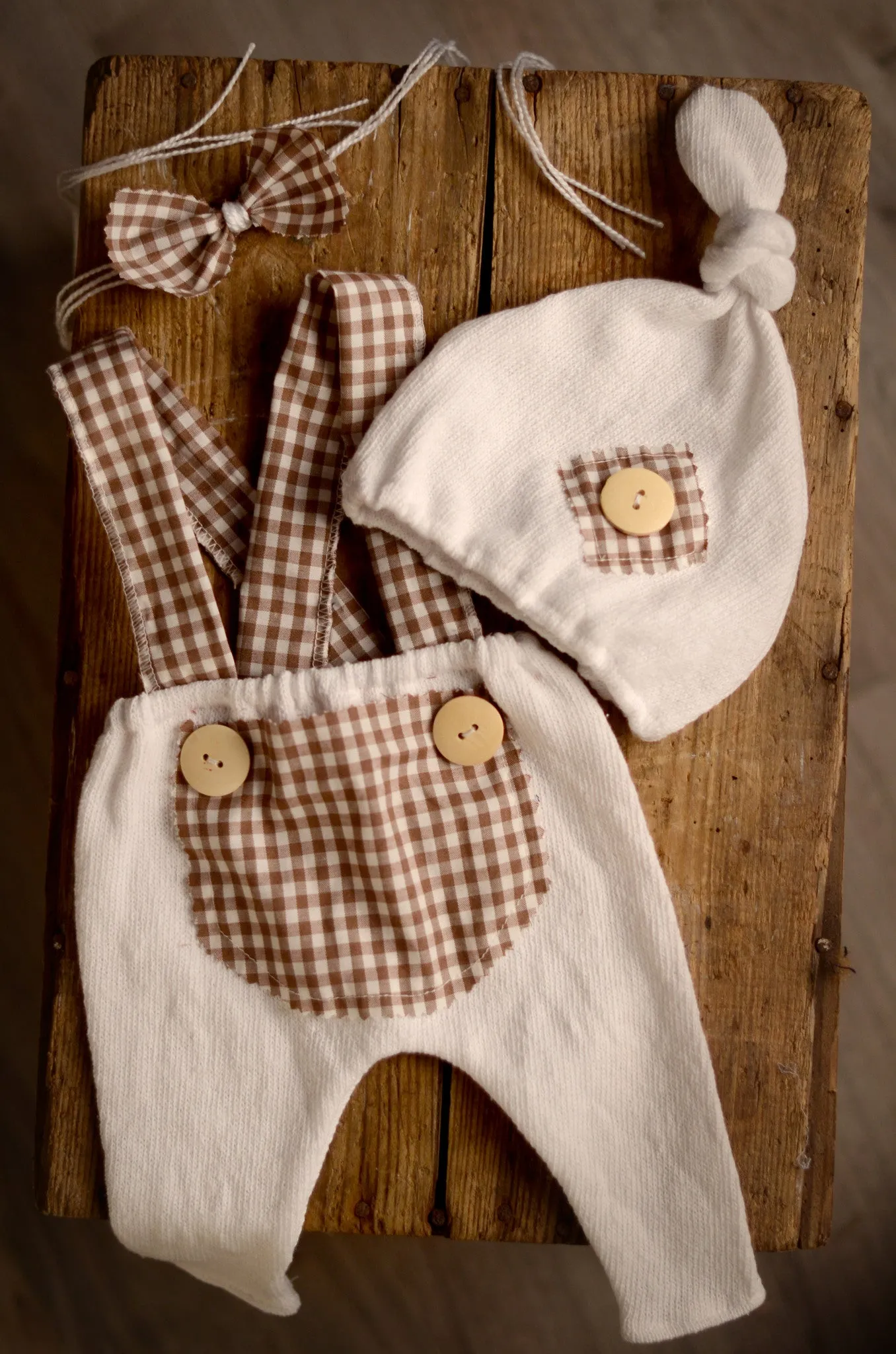 SET Dungarees 3-Piece Checkered Pattern Brown