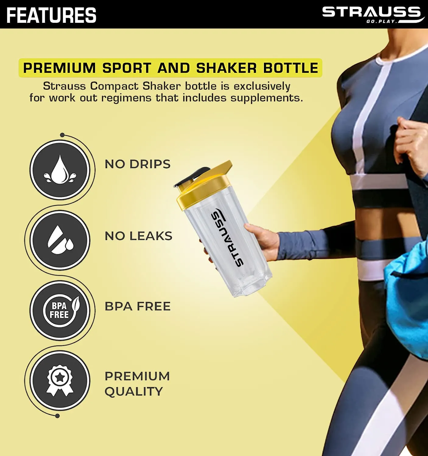 STRAUSS Energy Shaker Bottle, White Shade, (Yellow)