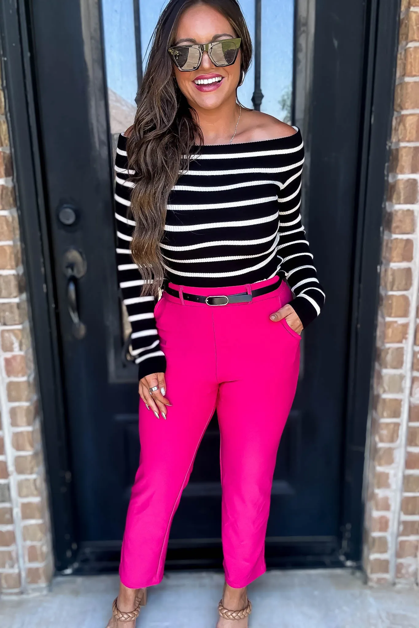 Stretchy Fuchsia Belted Side Pocket Straight Pants