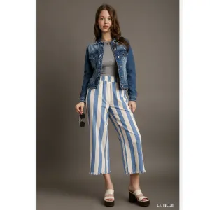 Stripped Pants With Frayed Hem & Side Pockets