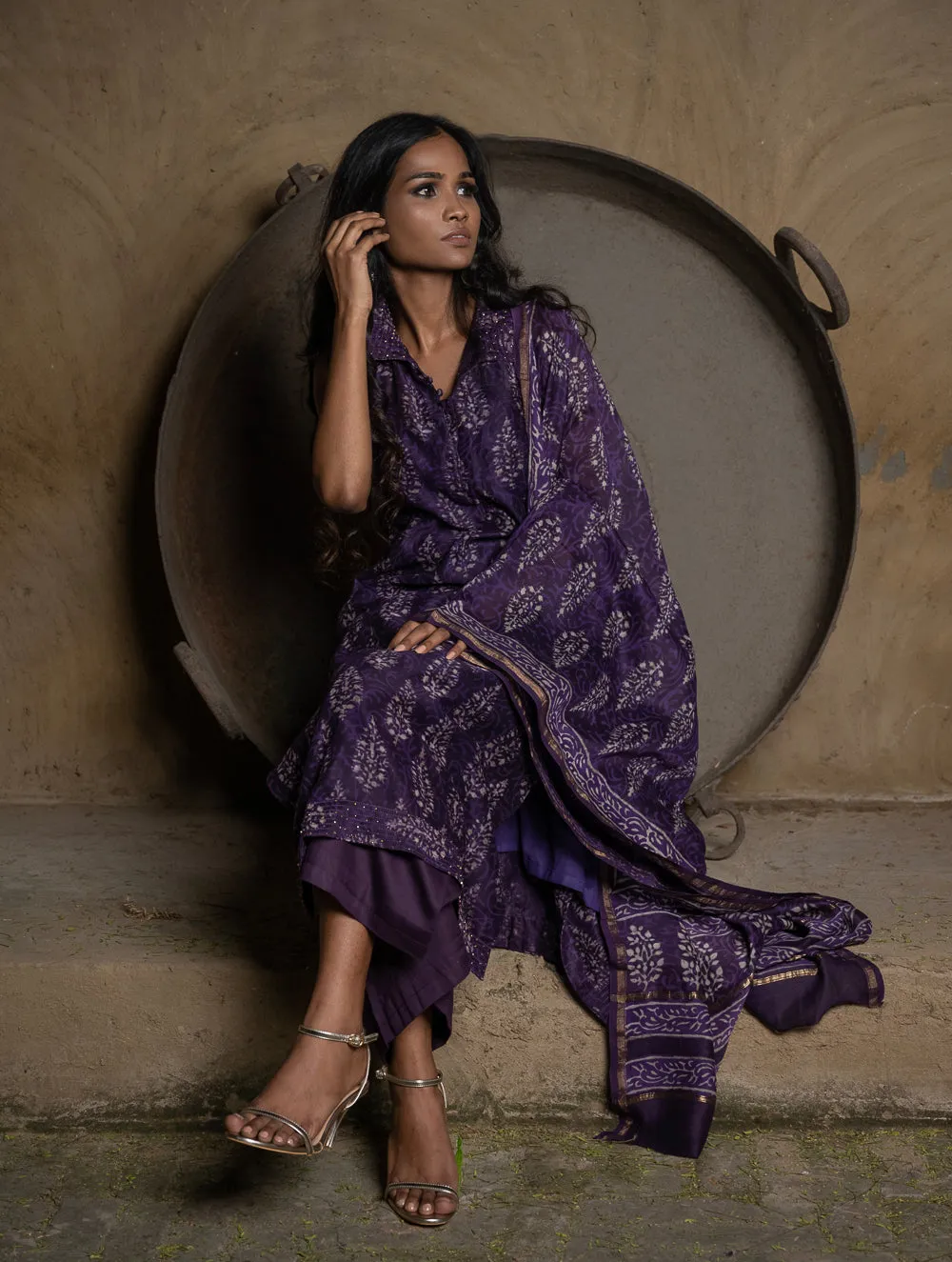 Summer Florals. Dabu Block Printed Chanderi Full Kurta Set - Purple Ornate (3 pc set)