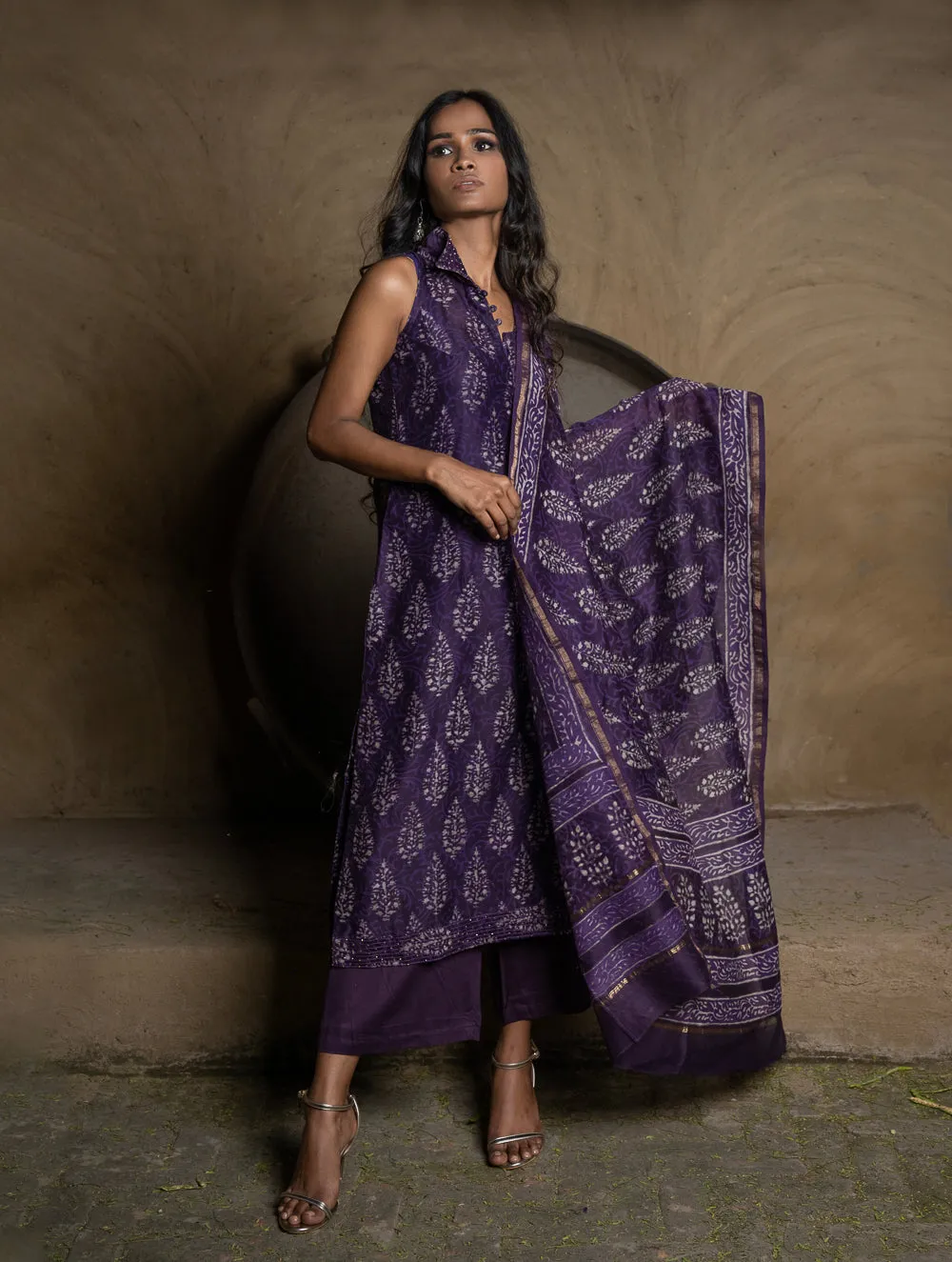 Summer Florals. Dabu Block Printed Chanderi Full Kurta Set - Purple Ornate (3 pc set)