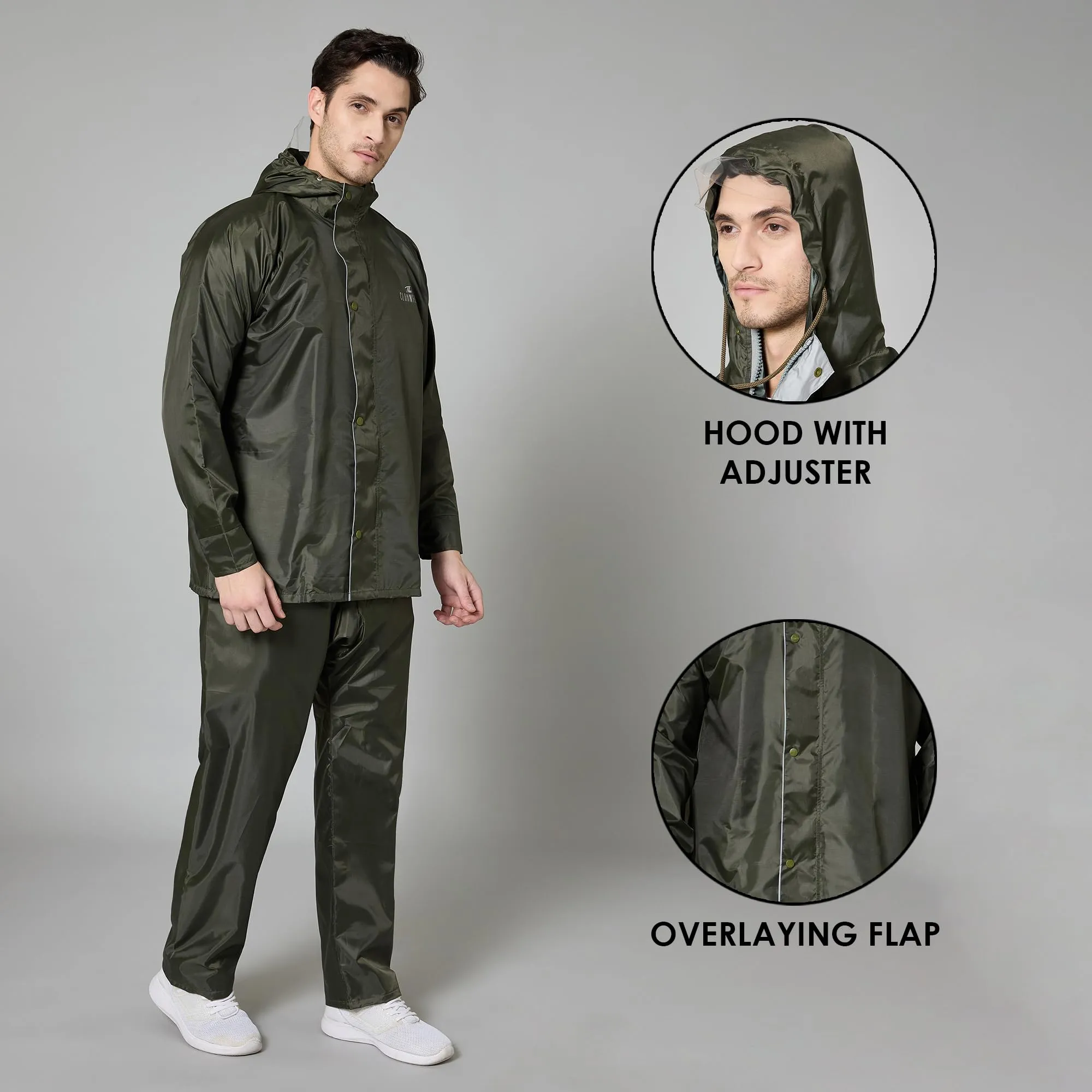 THE CLOWNFISH Polyester Rain Coat For Men|Waterproof Raincoat With Pants|Reversible Double Layer|Standard Length|Rain Jacket Suit Inner Mobile Pocket With Storage Bag(Mehendi), X-Large