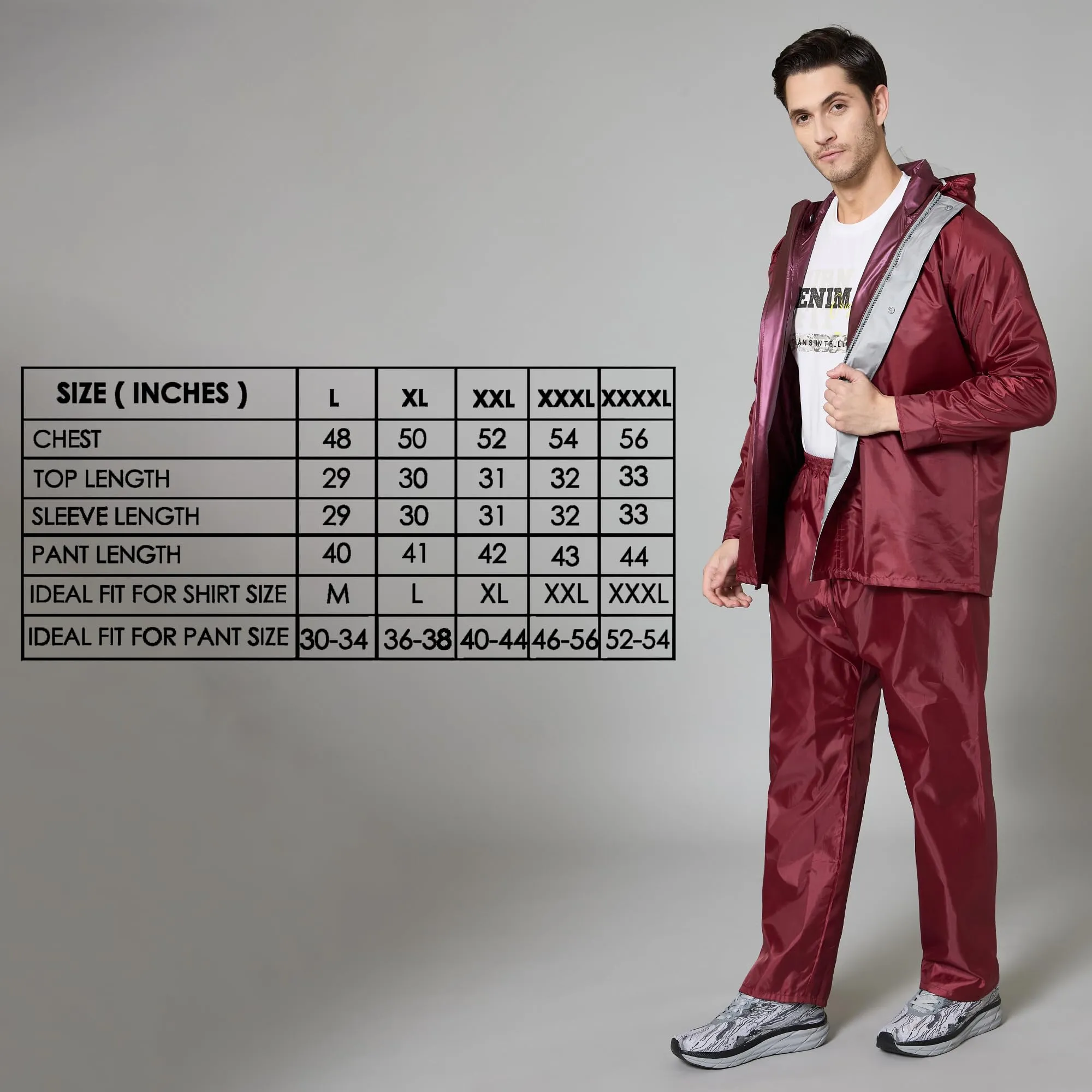 THE CLOWNFISH Rain Coat for Men Waterproof Raincoat with Pants Polyester Reversible Double Layer Rain Coat For Men Bike Rain Suit Rain Jacket Suit Inner Mobile Pocket with Storage Bag (Maroon L)