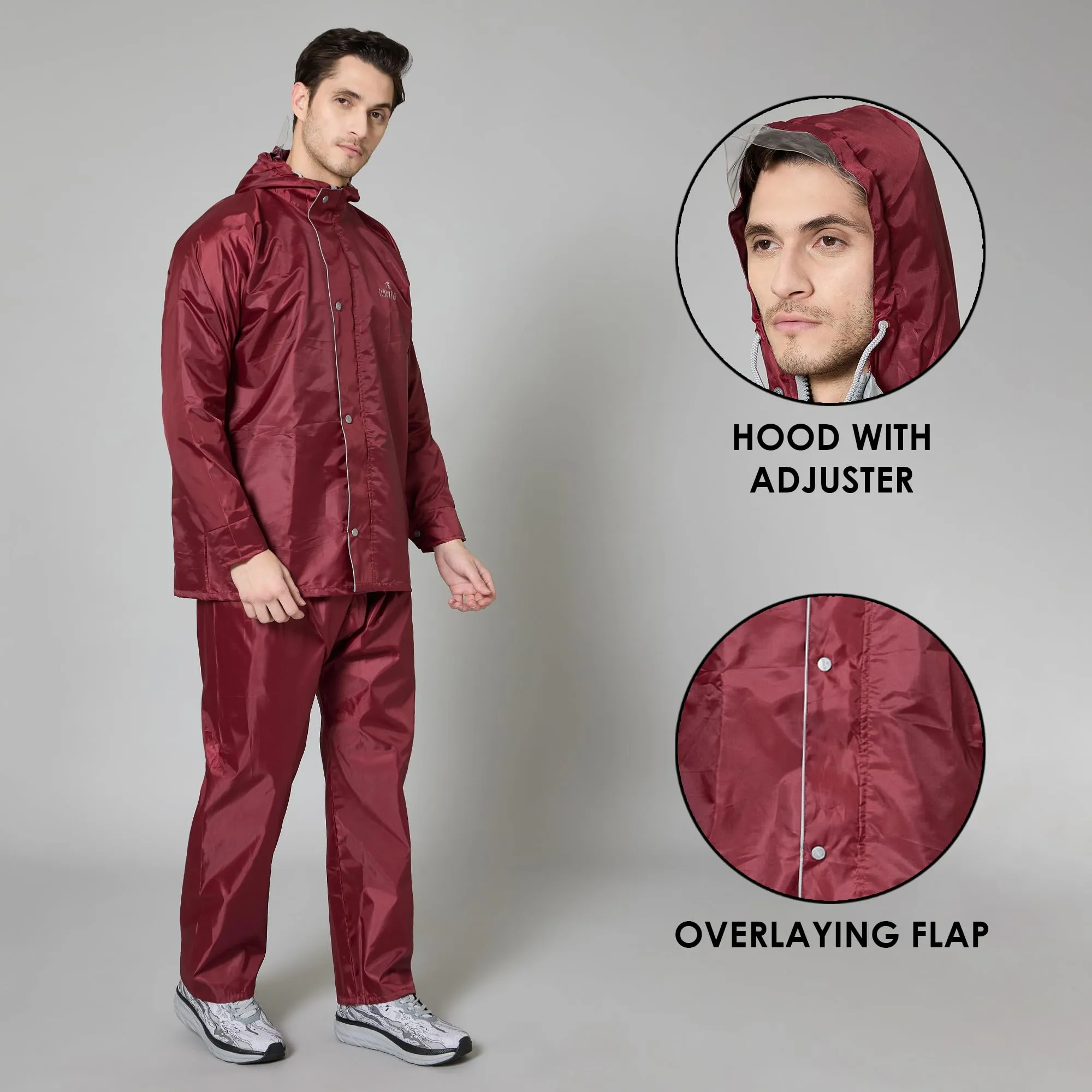 THE CLOWNFISH Rain Coat for Men Waterproof Raincoat with Pants Polyester Reversible Double Layer Rain Coat For Men Bike Rain Suit Rain Jacket Suit Inner Mobile Pocket with Storage Bag (Maroon L)