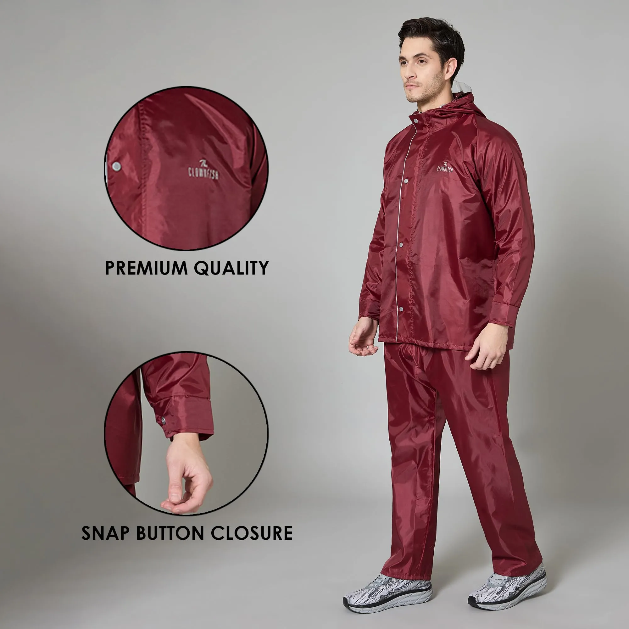 THE CLOWNFISH Rain Coat for Men Waterproof Raincoat with Pants Polyester Reversible Double Layer Rain Coat For Men Bike Rain Suit Rain Jacket Suit Inner Mobile Pocket with Storage Bag (Maroon L)