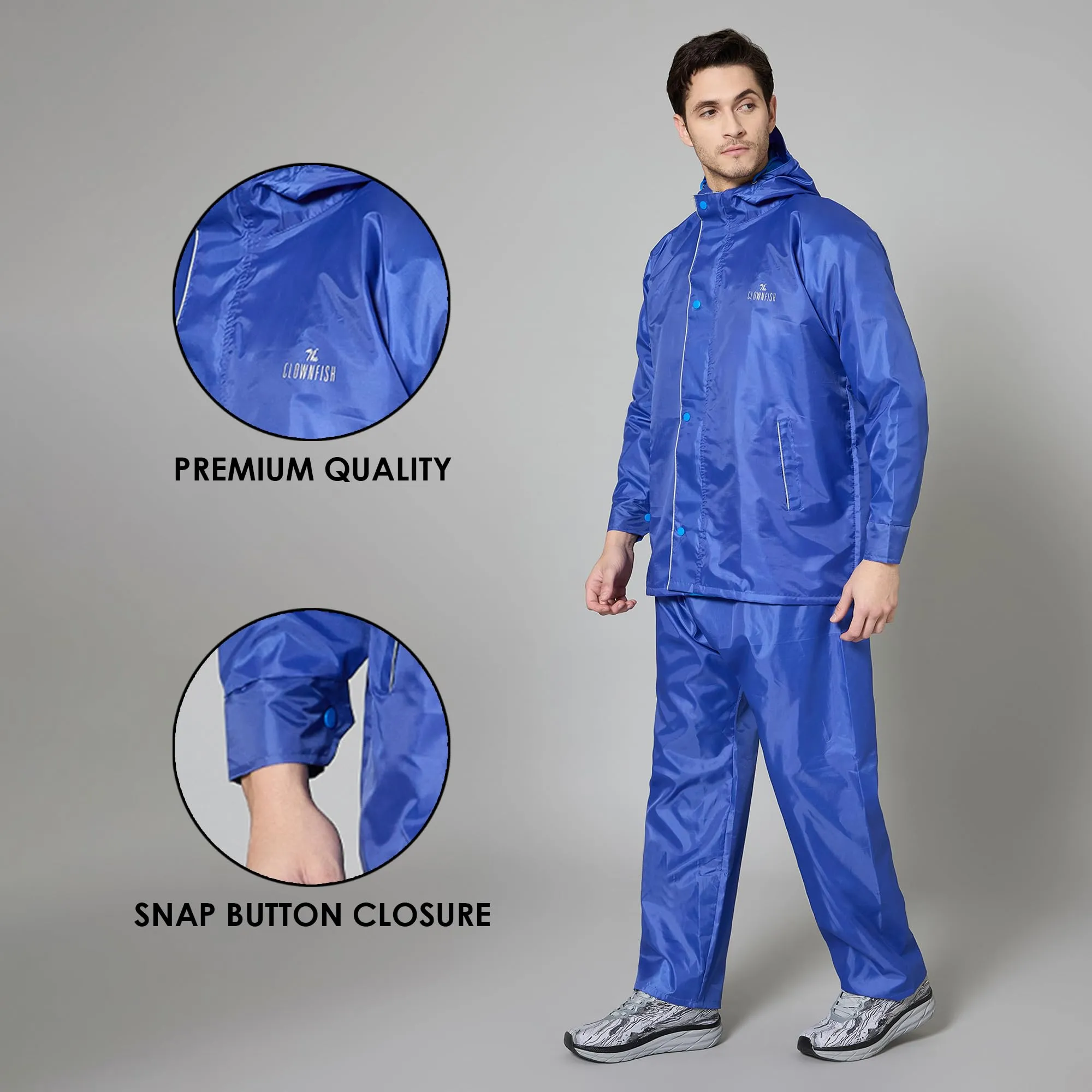 THE CLOWNFISH Rain Coat for Men Waterproof Raincoat with Pants Polyester Reversible Double Layer Rain Coat For Men Bike Rain Suit Rain Jacket Suit Inner Mobile Pocket with Storage Bag (Royal Blue XL)