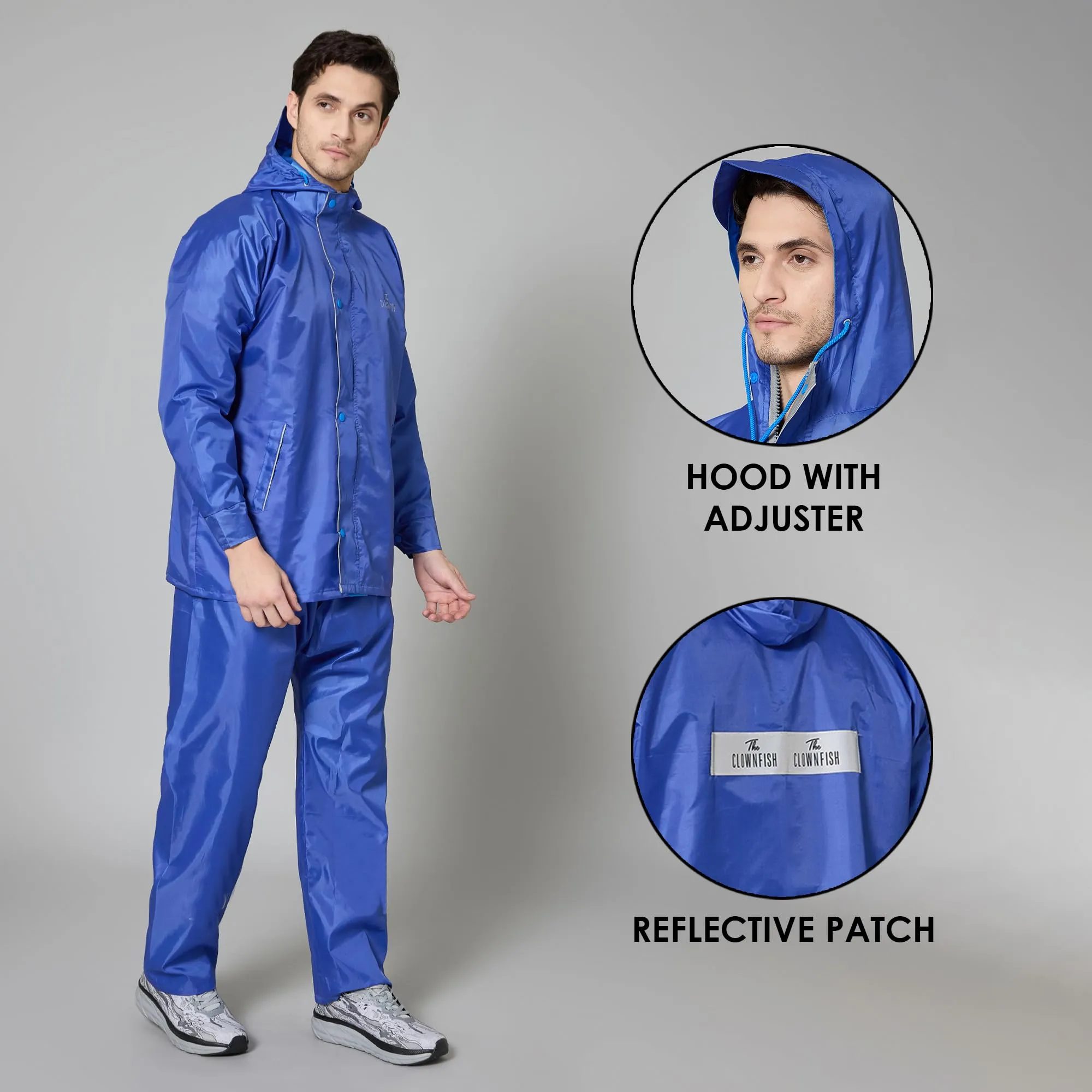 THE CLOWNFISH Rain Coat for Men Waterproof Raincoat with Pants Polyester Reversible Double Layer Rain Coat For Men Bike Rain Suit Rain Jacket Suit Inner Mobile Pocket with Storage Bag (Royal Blue XL)