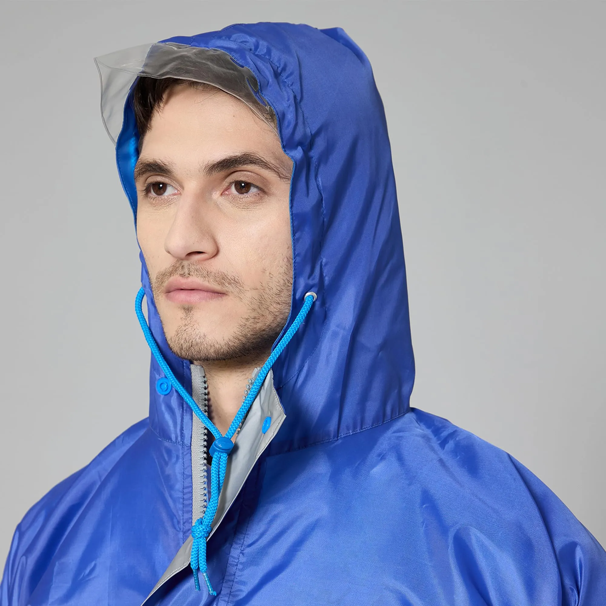 THE CLOWNFISH Rain Coat For Men Waterproof Raincoat With Pants Polyester Reversible Double Layer Standard Length Rain Coat For Men Bike Rain Suit Inner Mobile Pocket With Storage Bag(Royal Blue)Large