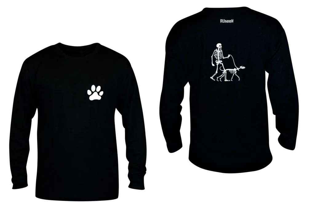 Unisex Reflective Long Sleeve - Male Skeleton Walking Skeleton Dog