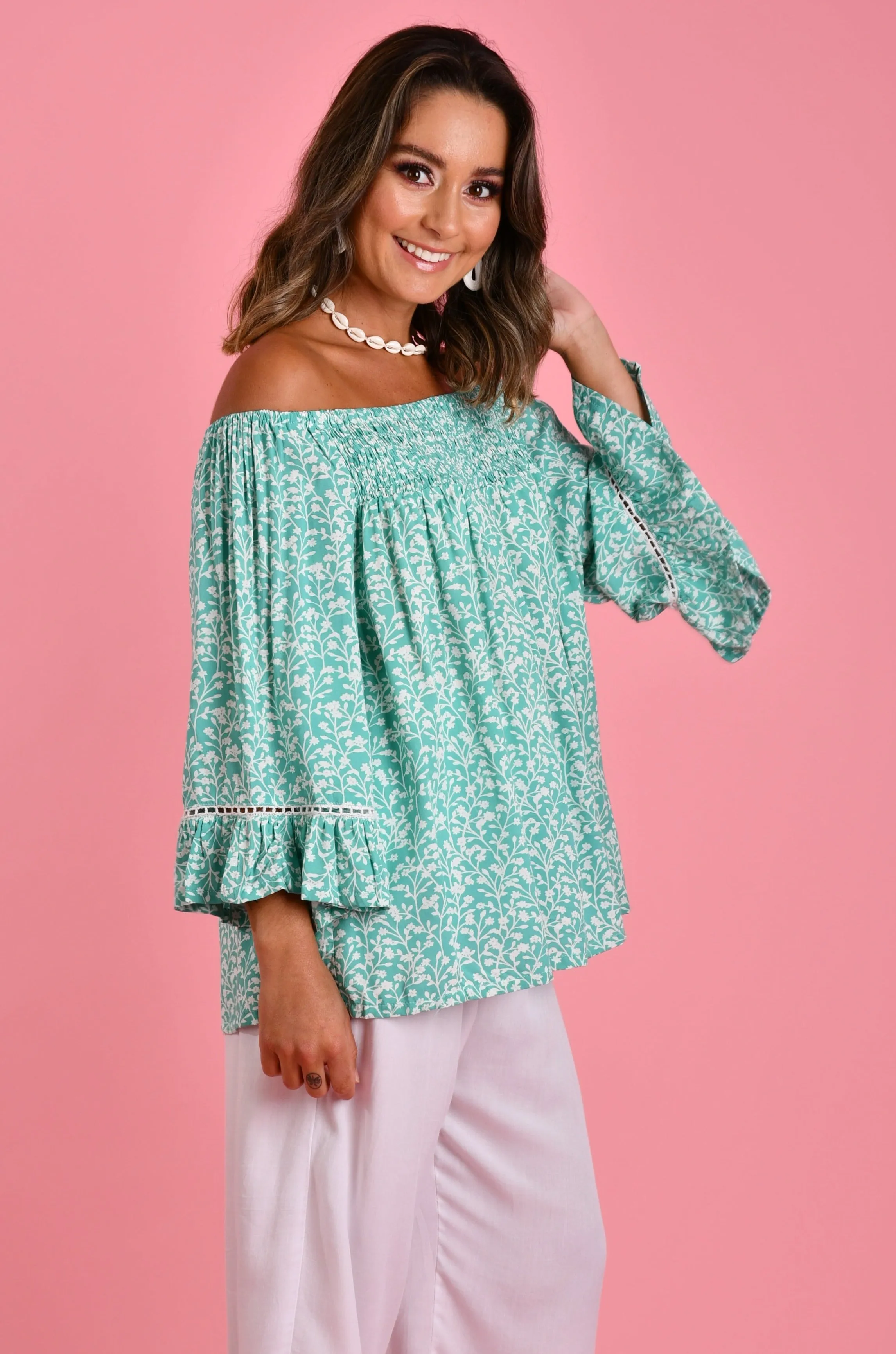 VBLT113 - ROUCHED BELL SLEEVE TOP - BLOSSOM MINT