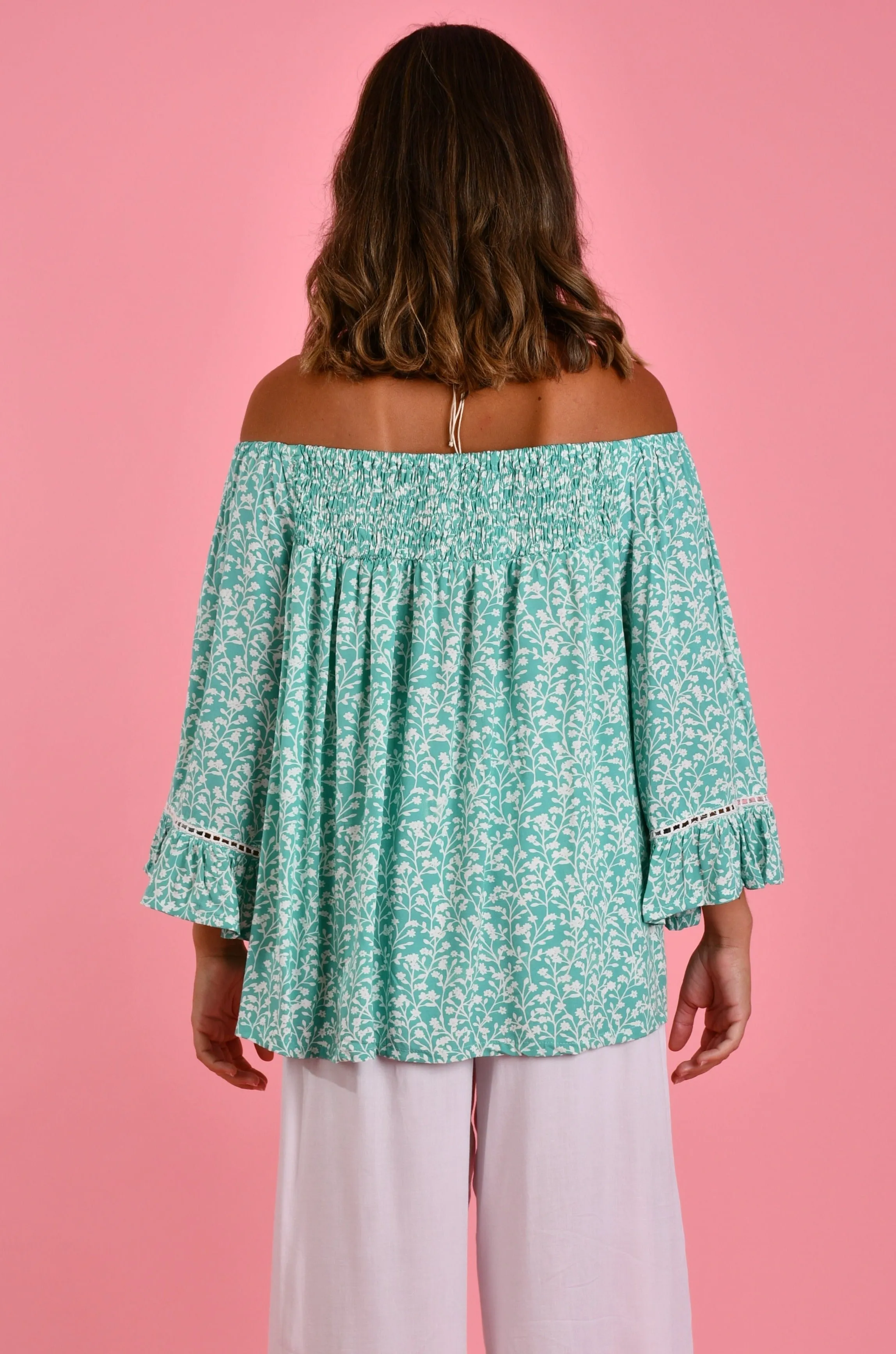 VBLT113 - ROUCHED BELL SLEEVE TOP - BLOSSOM MINT