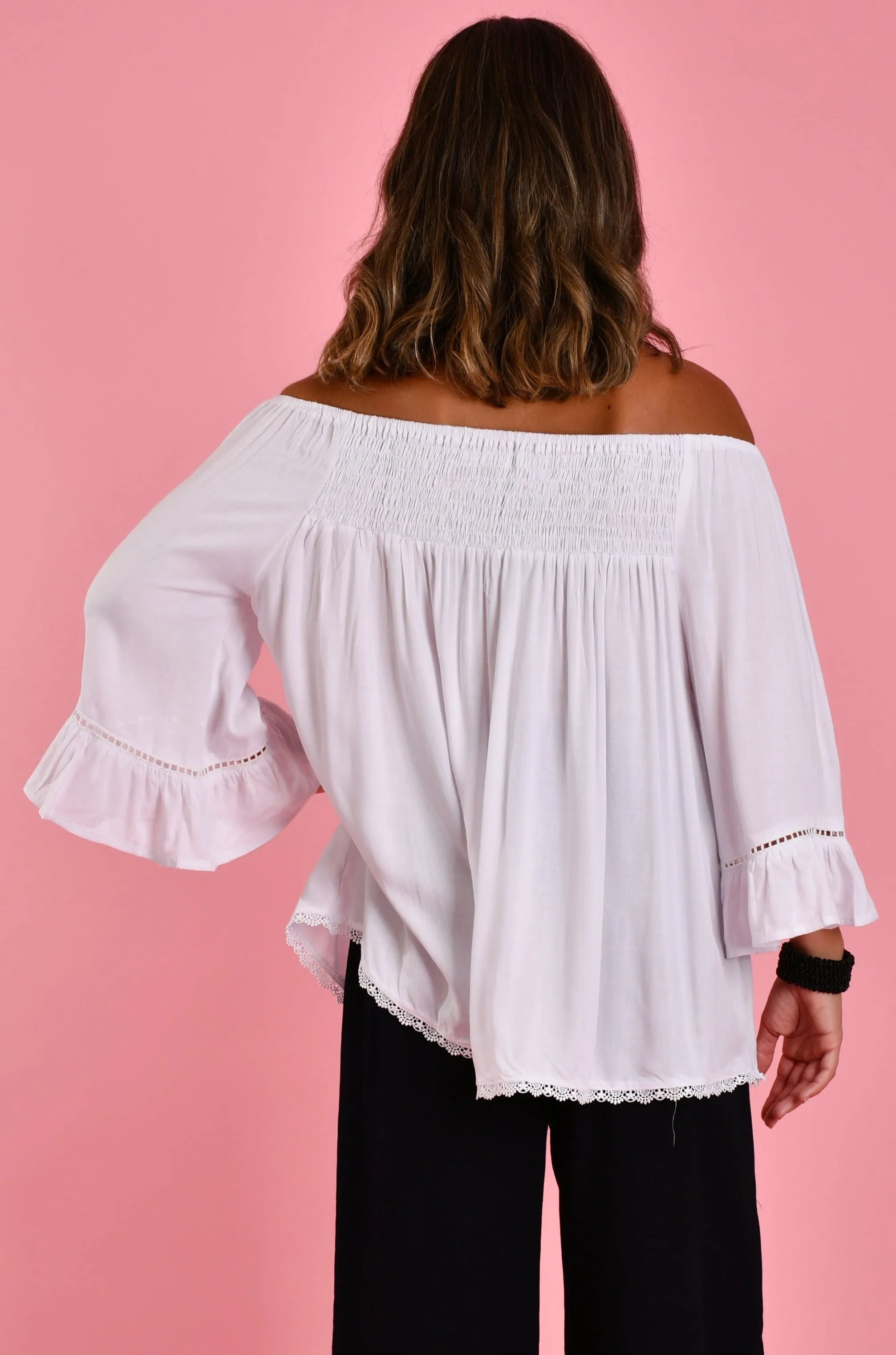 VBLT113 - ROUCHED BELL SLEEVE TOP - WHITE