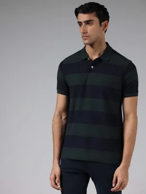 WES Casuals Green Striped Cotton Blend Slim-Fit Polo T-Shirt