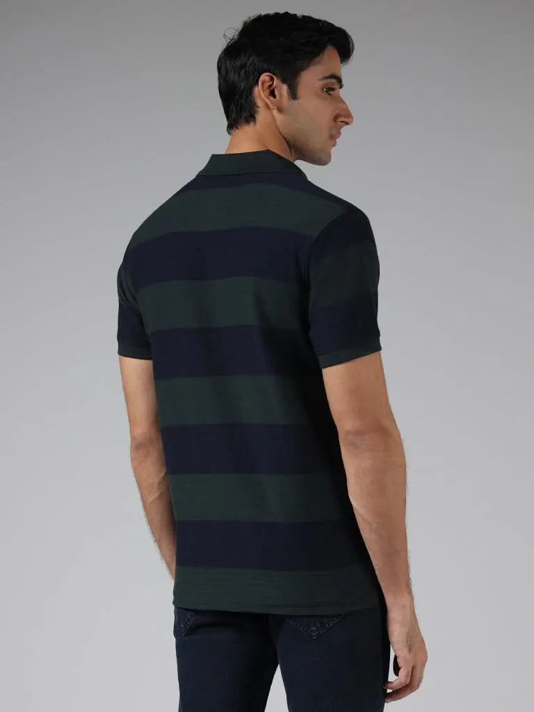 WES Casuals Green Striped Cotton Blend Slim-Fit Polo T-Shirt