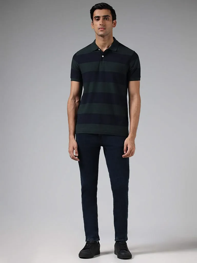 WES Casuals Green Striped Cotton Blend Slim-Fit Polo T-Shirt