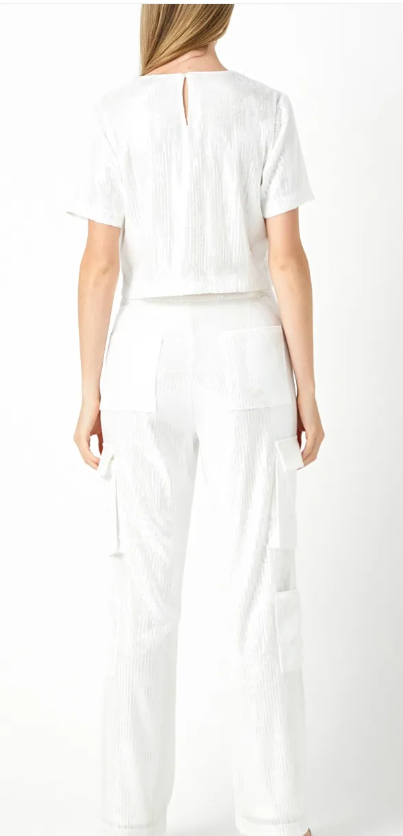 White Sequined Cargo Pants